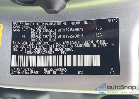 2016 Toyota Highlander Le/Le Plus from USA, damaged, VIN 5TDBKRFH5GS283877